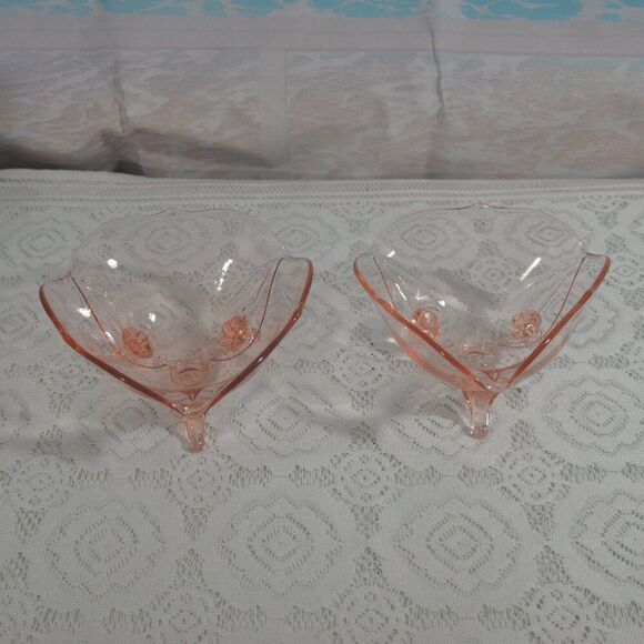 Vintage Pink Glass Bowls 3 Footed Set of 2 - Picture 1 of 4